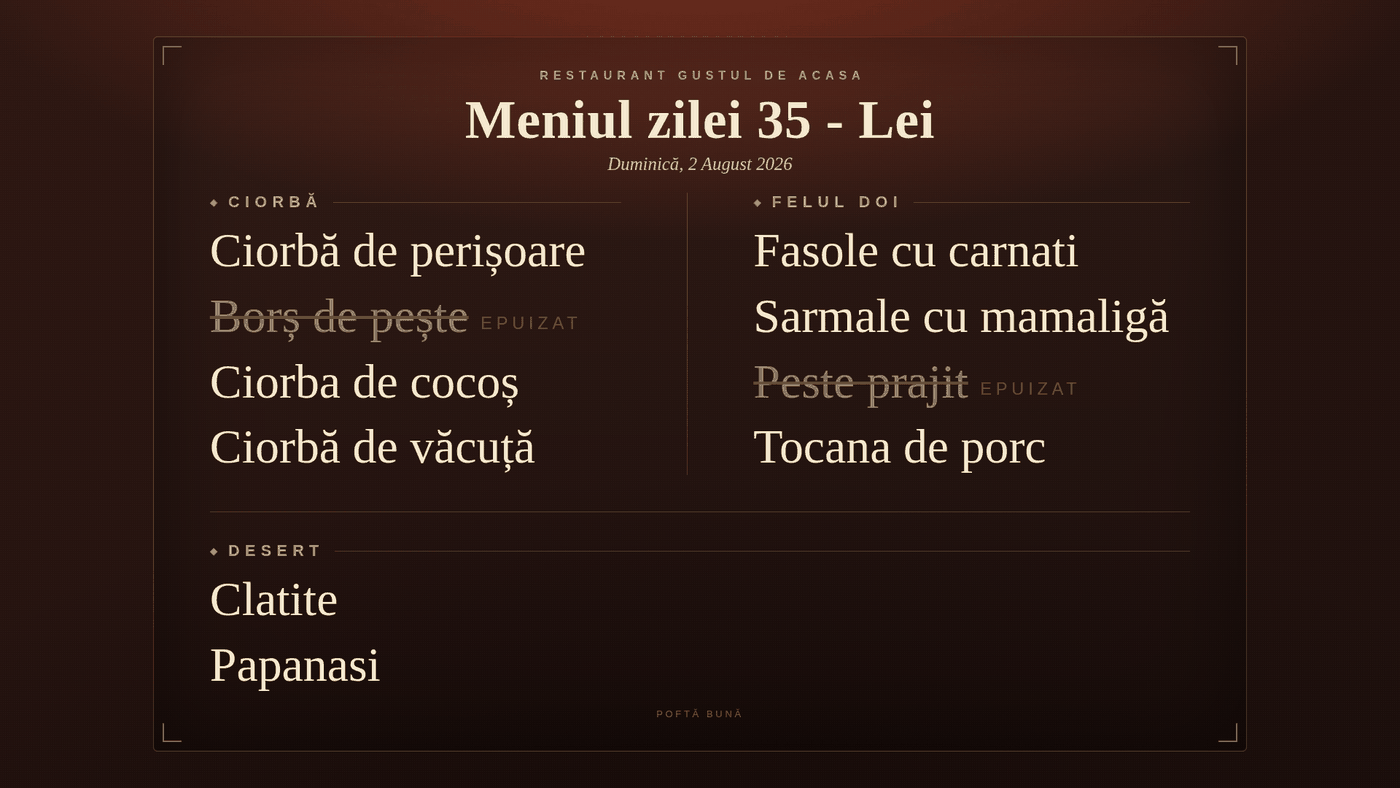 Meniul zilei Zeldiro afișat pe ecran, cu preparate disponibile și cele epuizate tăiate cu o linie și marcate Epuizat